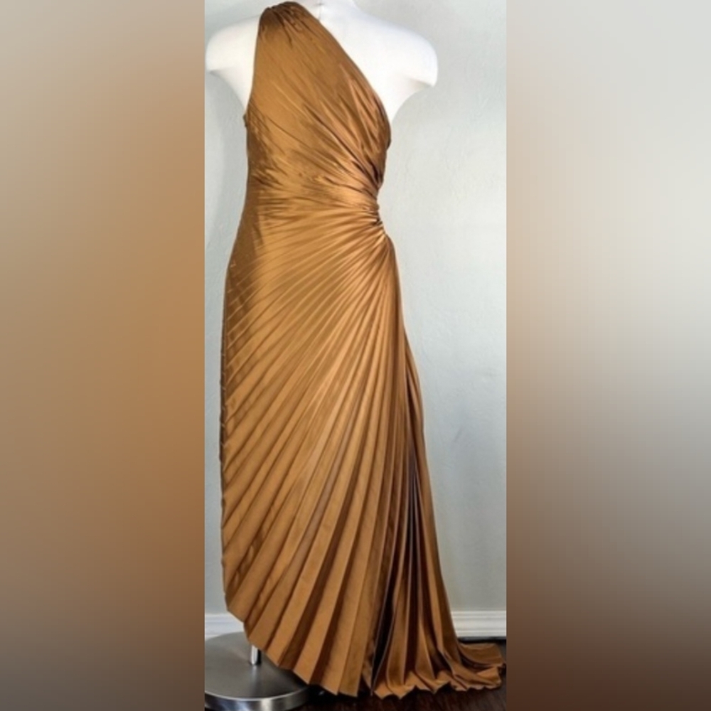 Petal & Pup Mustard One-Shoulder Pleated Dress
